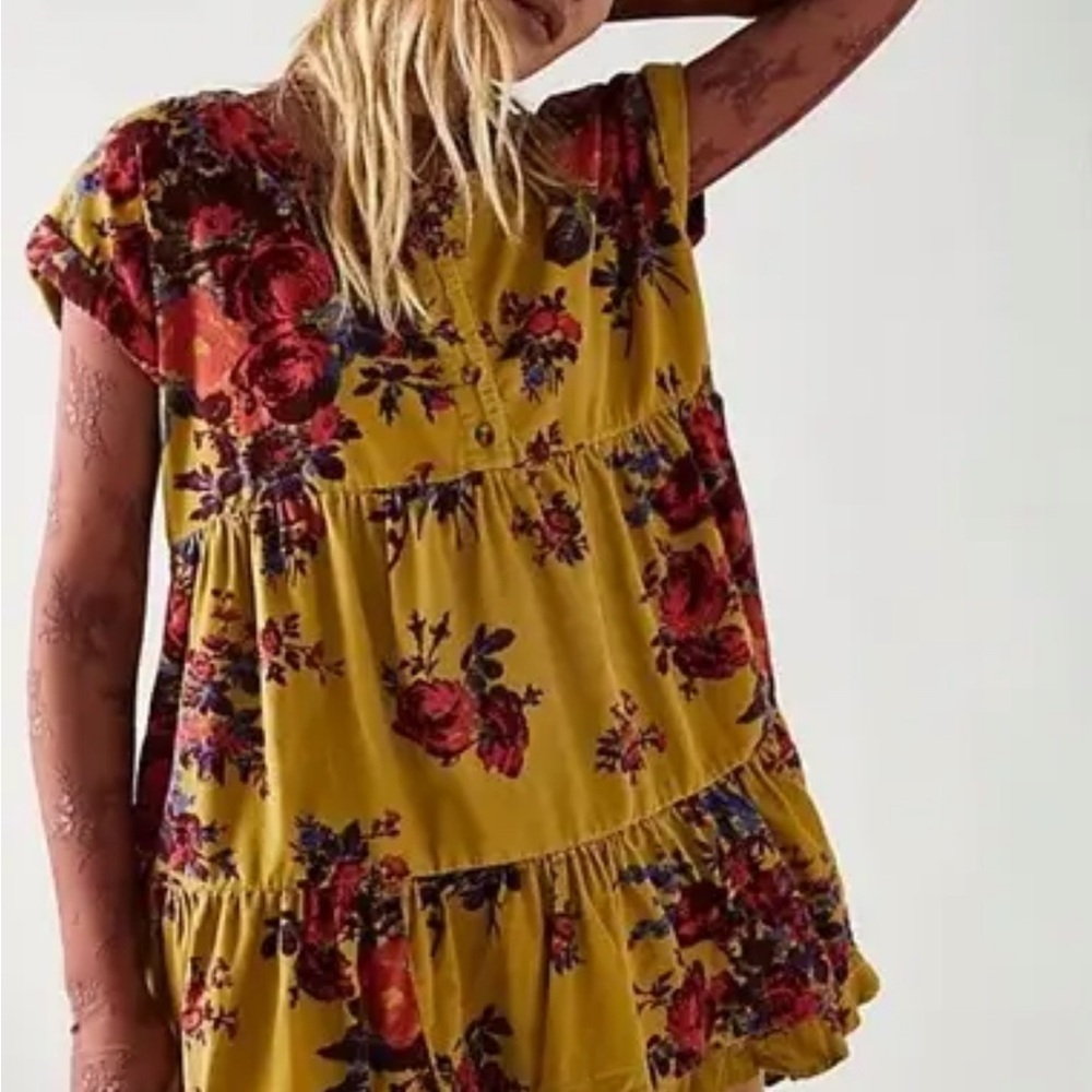 Free People Harper Mini Dress Floral Velvety Cord Ruffle Gold Rose Blue Medium